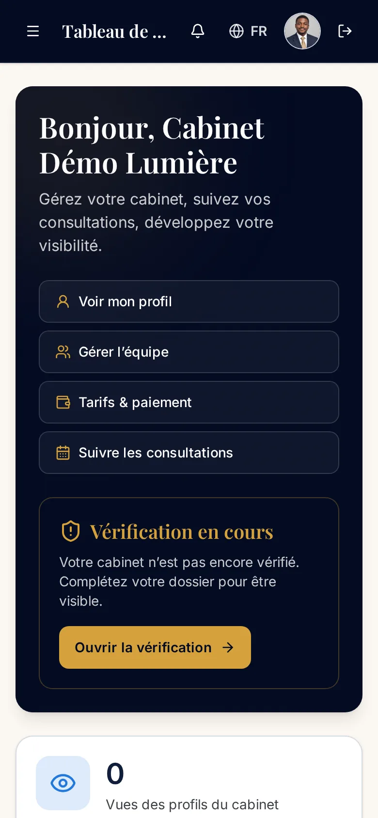Capture réelle de l'espace cabinet sur téléphone (compte de démonstration)