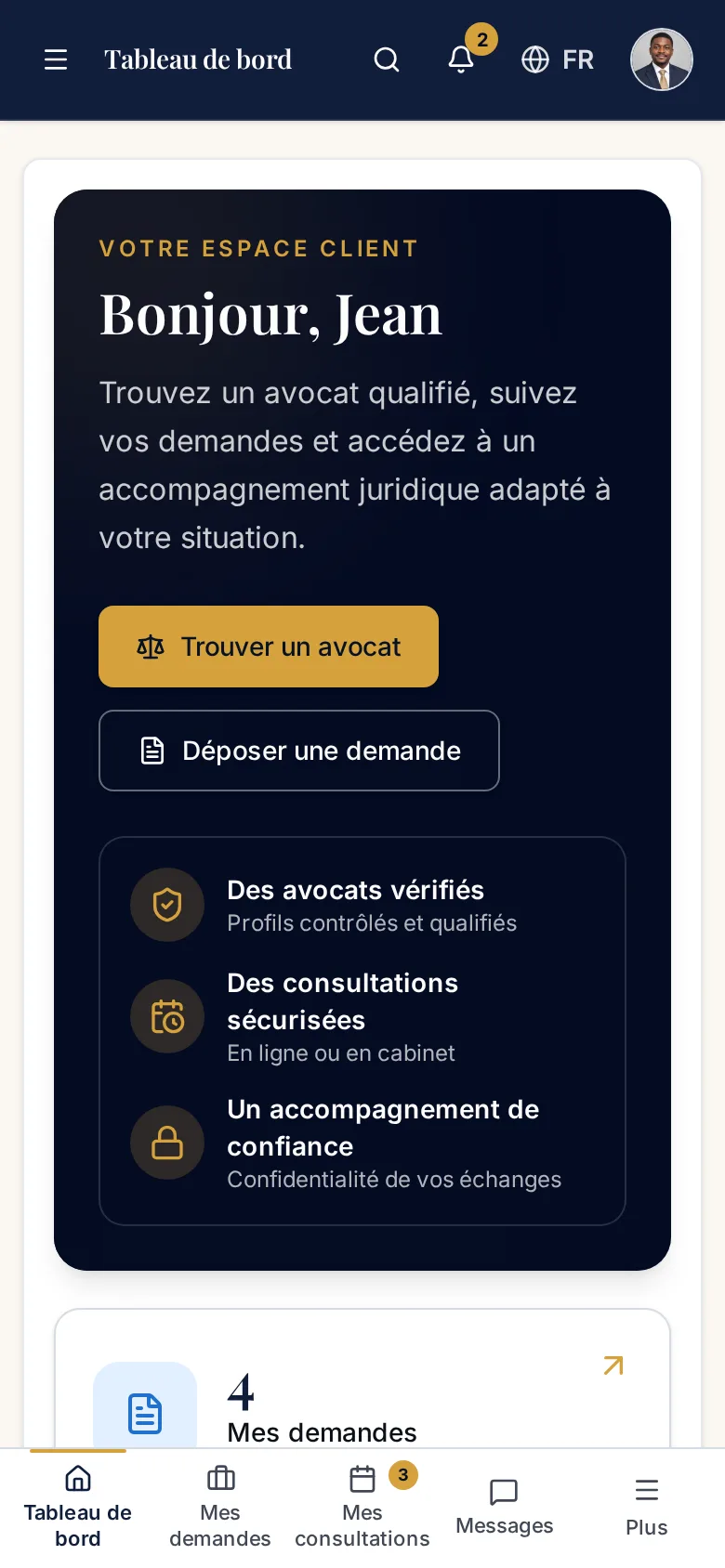 Capture réelle du tableau de bord client sur téléphone, compte de démonstration