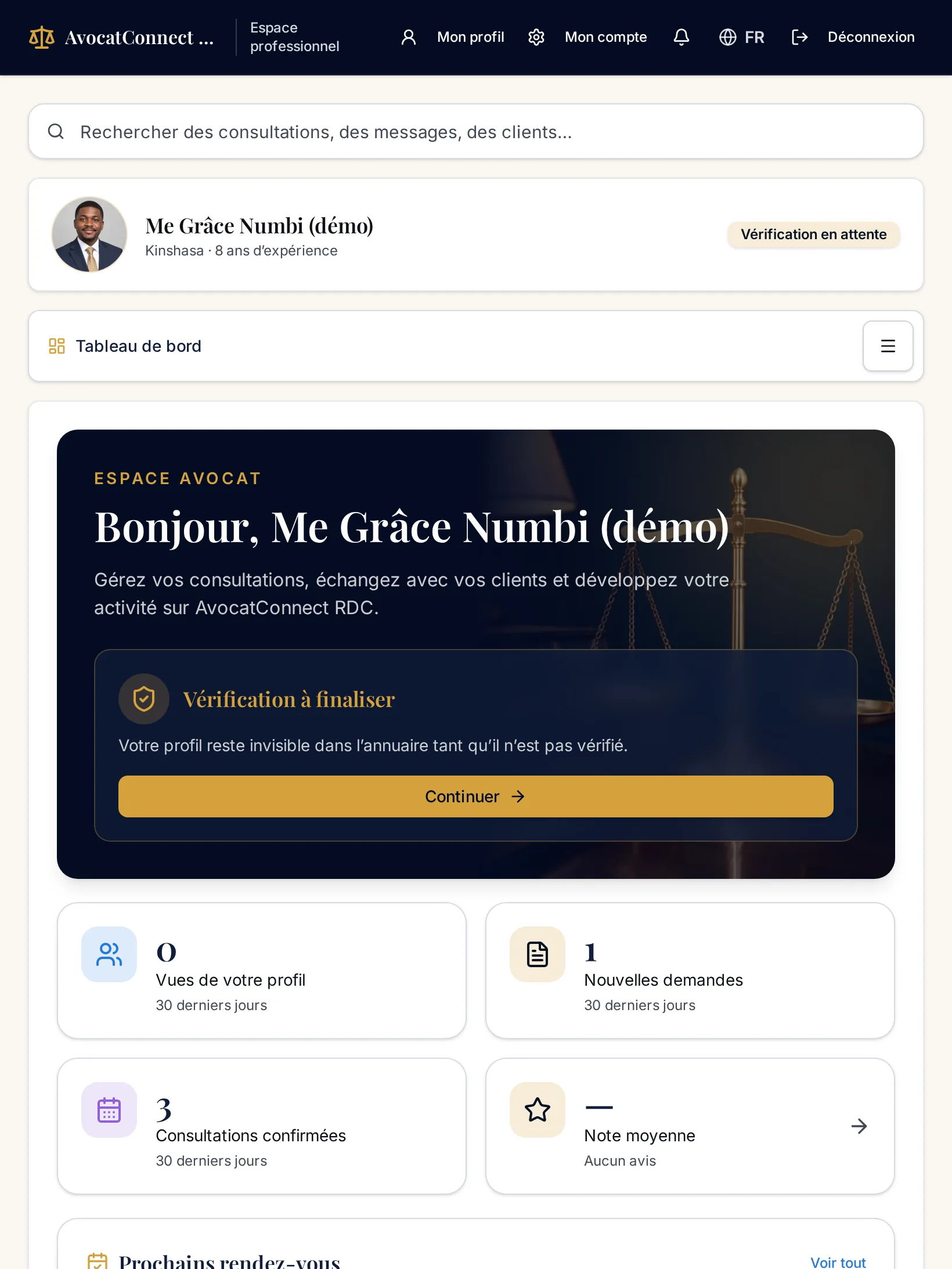 Capture réelle de l'espace avocat sur tablette (compte de démonstration)