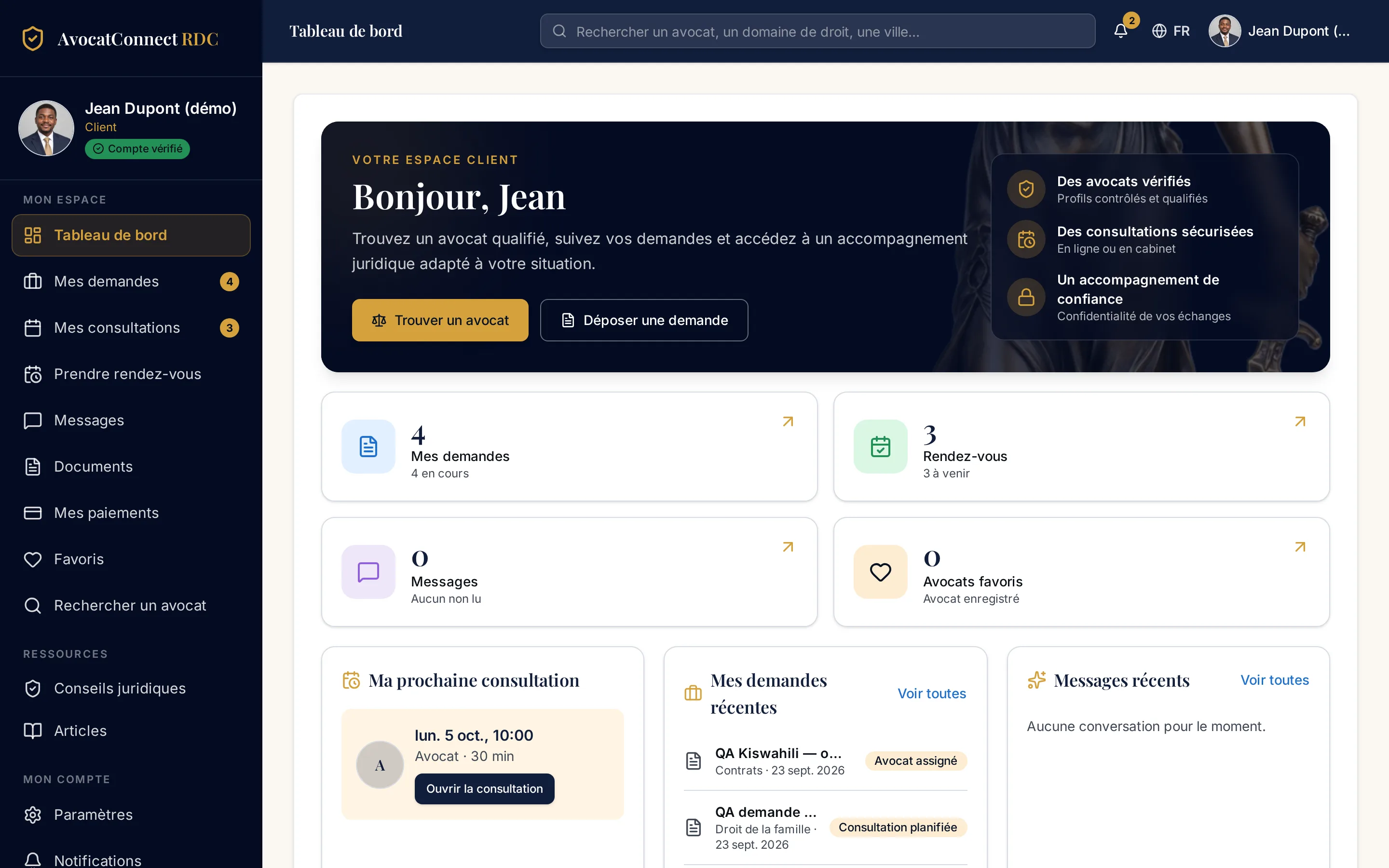 Capture réelle de l'espace client AvocatConnect RDC sur ordinateur (compte de démonstration)