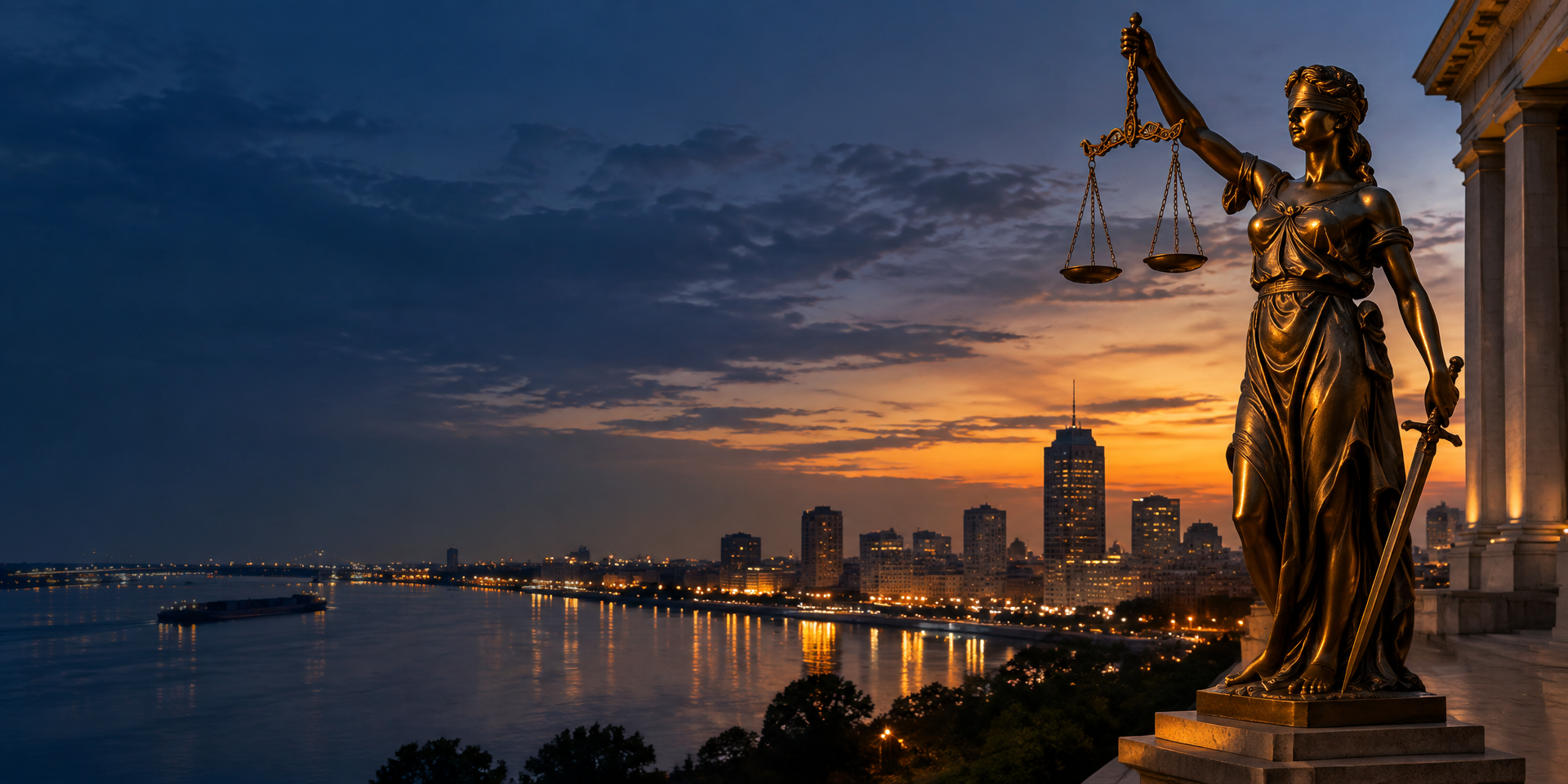 Statue en bronze de la Justice dominant la ville de Kinshasa