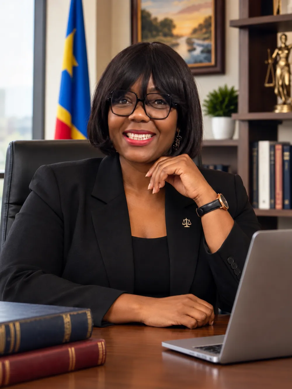 Avocate congolaise souriante à son bureau, drapeau de la RDC en arrière-plan