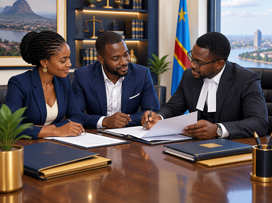 Des entrepreneurs congolais examinent des documents commerciaux avec un professionnel du droit