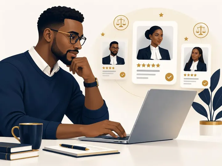 Un client congolais consulte des profils d’avocats sur son ordinateur