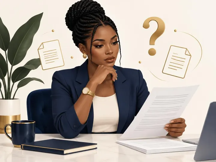Une cliente congolaise réfléchit à une question juridique en lisant un document
