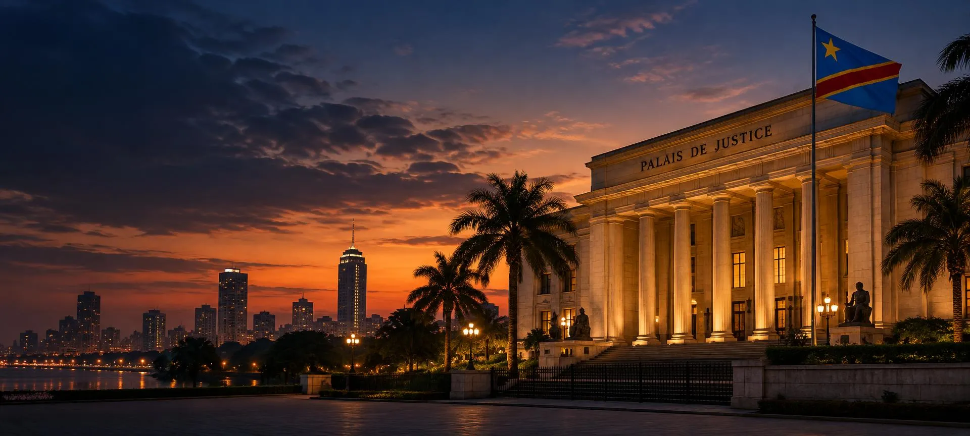 Palais de Justice et skyline de Kinshasa au coucher du soleil