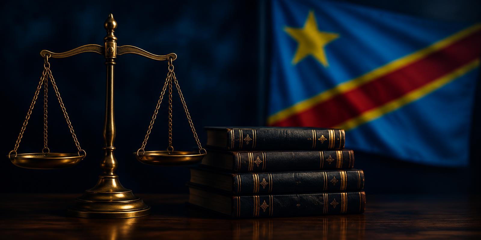 Balance de la justice, livres de droit et drapeau de la RDC
